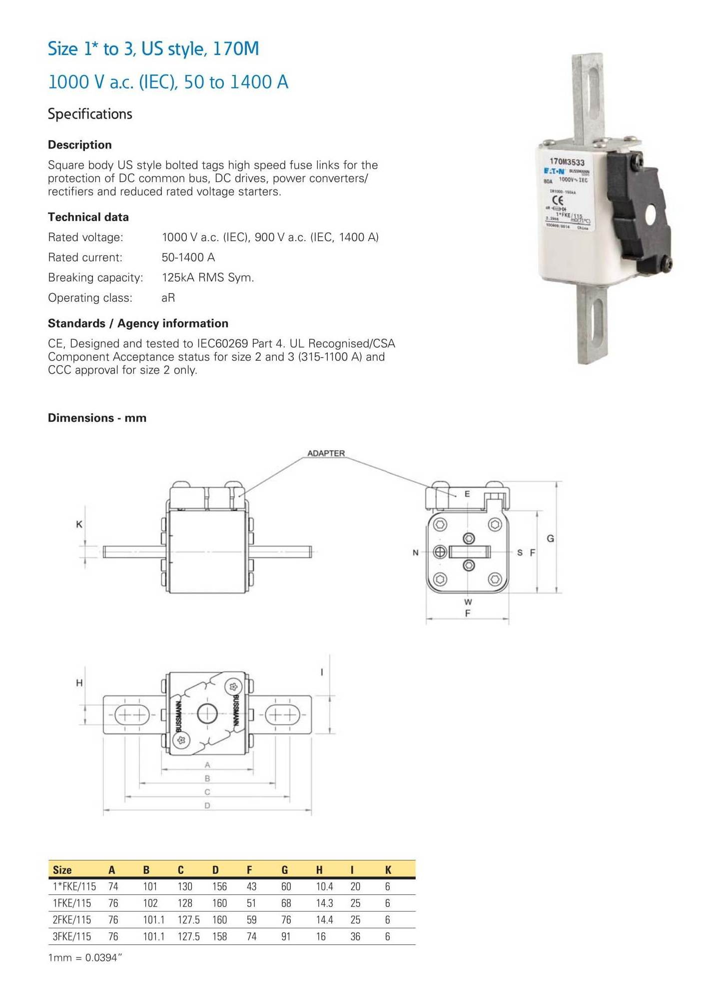 Square Body Fuse Links 1000V(IEC) 50 to 1400A