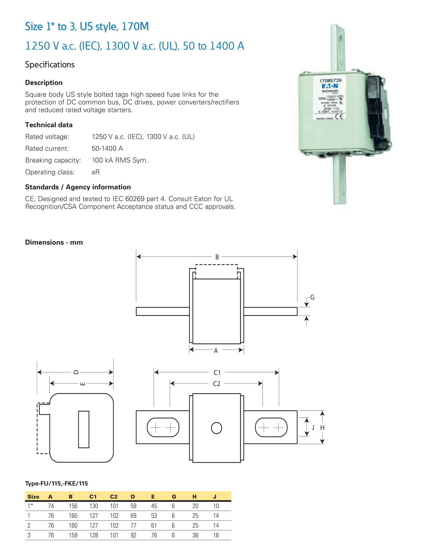 Square Body Fuse Links 1250V(IEC) 50 to 1400A